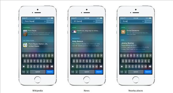 7. Spotlight

iOS 8'de Spotlight da güncellendi. Artık sadece cihazda yüklü olan uygulamalarda değil, cihazda olmayan uygulamalarda da arama yapılabilecek. Filmler, haberler, şarkılar da arama sonuçlarında gösterilebiliyor.