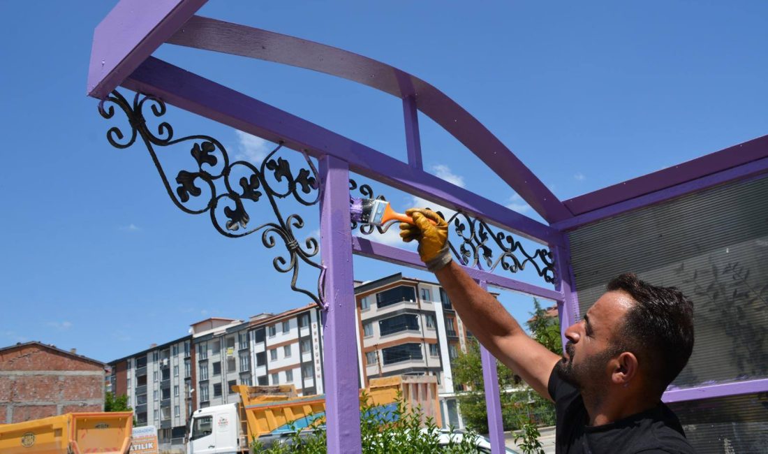 Zile Belediyesi Ulaşım Hizmetleri Müdürlüğü ekipleri, otobüs duraklarında boyama ve