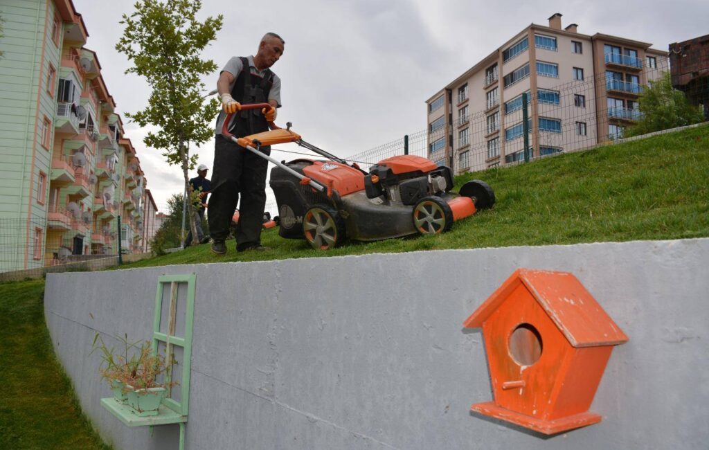 Zile Belediyesi Park ve Bahçeler Müdürlüğü ekipleri, alanda çim biçme,